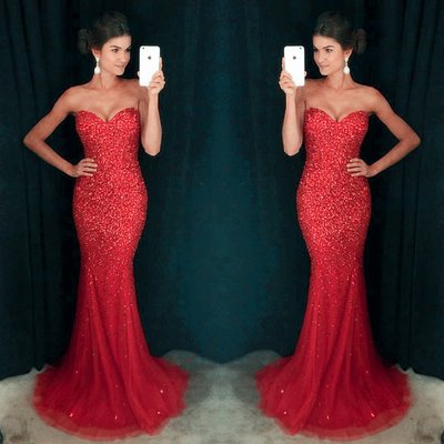 Red sparkling mermaid prom dresses wedding party dresses banquet dresses
