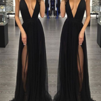 Sexy prom dresses 2017,Deep V Neckline Party prom dresses, Black Tulle Evening prom dresses,  Custom prom dresses - Thumbnail 1