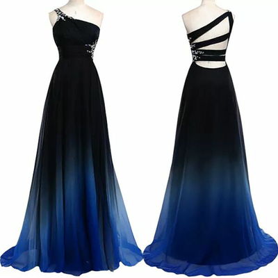 One shoulder gradients chiffon beading long prom dress,dark blue evening dresses - Thumbnail 5
