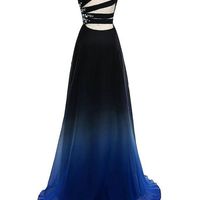One shoulder gradients chiffon beading long prom dress,dark blue evening dresses - Thumbnail 1