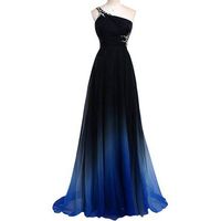 One shoulder gradients chiffon beading long prom dress,dark blue evening dresses - Thumbnail 2