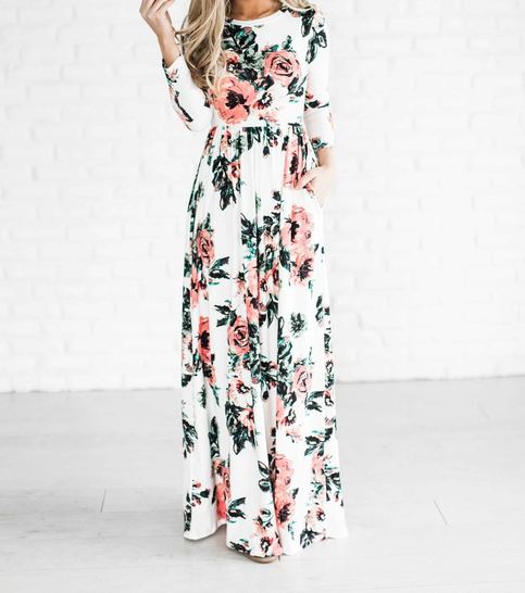White Floral Print Floor Length Dress