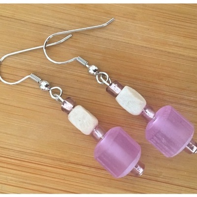 Purple disc with wood square-glass/wood-womens earring