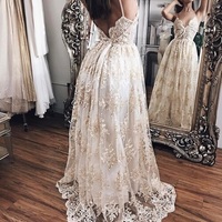 Stylish v neck lace long prom dress,evening dress - Thumbnail 1