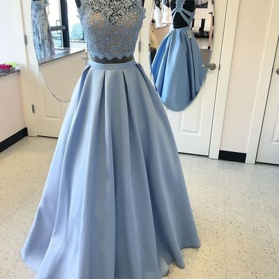 Elegant light blue lace 2 pieces long prom dress,evening dress