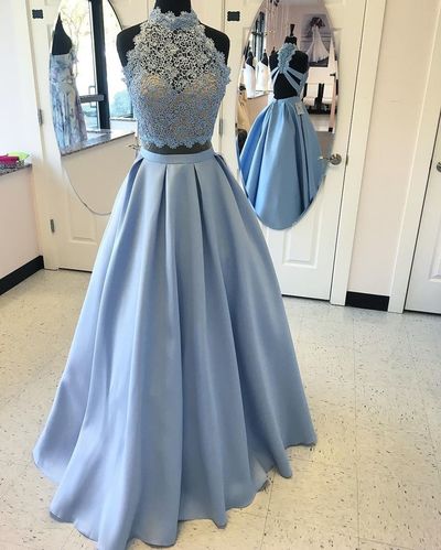 Elegant light blue lace 2 pieces long prom dress,evening dress