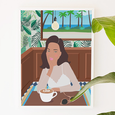 3 oclock in the cafe, girly, tropical, hawaii, aloha, coffee, cafe, illustration, art print