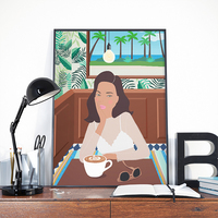 3 oclock in the cafe, girly, tropical, hawaii, aloha, coffee, cafe, illustration, art print - Thumbnail 1
