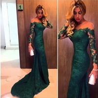 Long sleeve lace prom dress, Hunt Green prom dress, prom dress online, 2017 prom dress, Sexy prom dress - Thumbnail 2