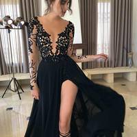Black Prom Dress ,2017 Prom Dresses ,Wedding Party Gown ,formal dress,sexy prom dress,lone sleeve prom dress - Thumbnail 1