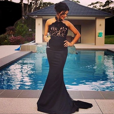 Mermaid black lace prom dress,sexy open back prom dresses,mermaid halter neckline black evening dress
