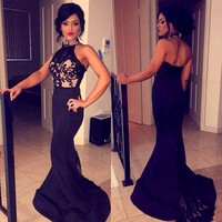 Mermaid Black Lace Prom Dress,Sexy Open Back Prom Dresses,Mermaid Halter Neckline Black Evening Dress - Thumbnail 1