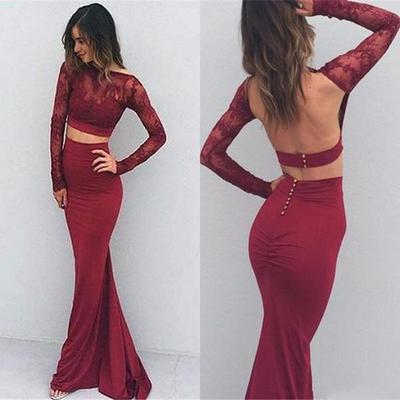 Burgundy two piece prom dress long prom dress wiht long sleeve,burgundy evening dresses