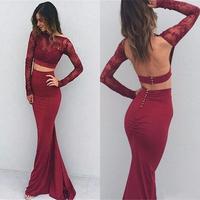 Burgundy two piece prom dress long prom dress wiht long sleeve,burgundy evening dresses - Thumbnail 1