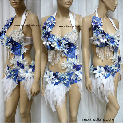 Blue and White Water Fairy Monokini Cosplay Dance Costume Rave Bra Halloween Burlesque Show Girl