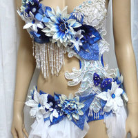 Blue and White Water Fairy Monokini Cosplay Dance Costume Rave Bra Halloween Burlesque Show Girl - Thumbnail 3