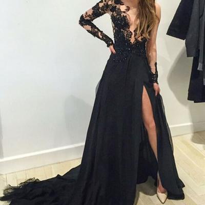Long sleeve sexy black prom dress, chiffon prom dress, unique prom dress, 2017 prom dress, elegant prom dress,6983