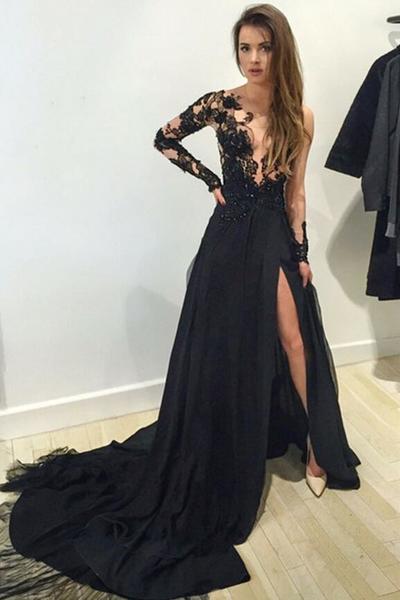 Long sleeve sexy black prom dress, chiffon prom dress, Unique prom dress, 2017 prom dress, elegant prom dress,6983