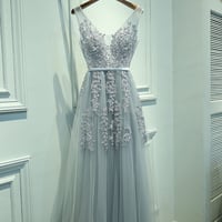 Tulle Long Party Prom Dresses, V Neckline Grey Lace Prom Dresses, Custom Cheap prom dresses, 2017 prom dress, online prom dresses - Thumbnail 1