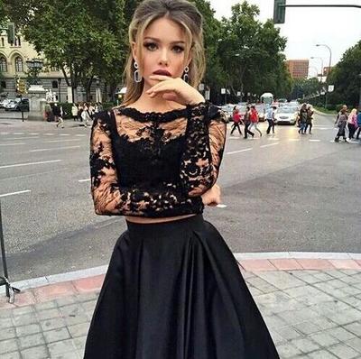 Two pieces prom dresses, Long sleeve prom dress, See through prom dress, 2017 prom dress, sexy long prom dress