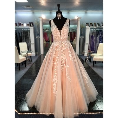 Tulle lace prom dresses, sexy deep v neckline a line prom dress, custom long prom dresses, cheap 2017 prom dresses,wedding dress