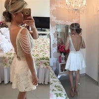 short white open back homecoming dress,lace prom dresses,junior cheap custom homecoming dress,2017 short prom dress - Thumbnail 1
