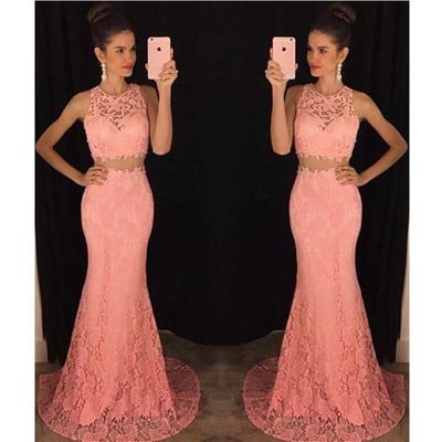 Two piece lace mermaid prom dress, peach long prom dresses, sexy lace prom dresses, prom dress online, 2017 prom dress