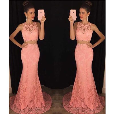 Two piece lace mermaid prom dress, Peach long prom dresses, Sexy Lace prom dresses, prom dress online, 2017 prom dress