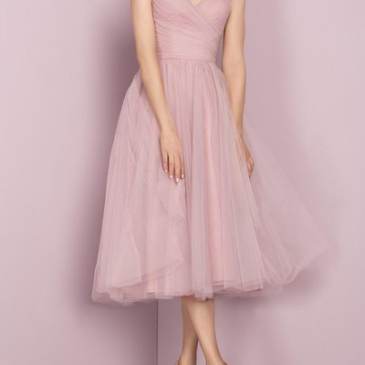 Deep blush tulle prom dress,tea length v-neckline evening dress,tea length tulle bridesmaid dress