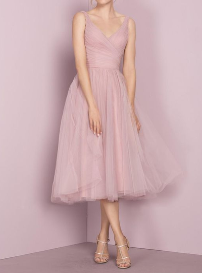 Deep Blush Tulle Prom Dress,Tea Length V-neckline Evening Dress,Tea Length Tulle Bridesmaid Dress