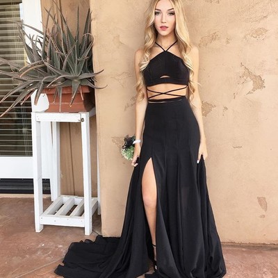 Black two piece prom dress long prom dress ,black evening dresses