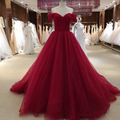 Red off shoulder tulle long prom dress,red evening dresses