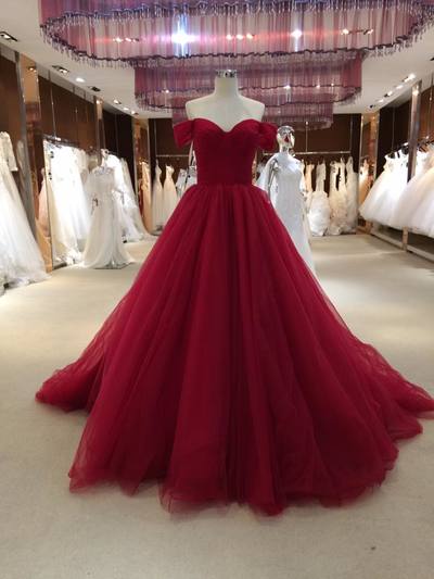 Red off shoulder tulle long prom dress,red evening dresses