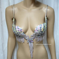 Iridescent White Scale Mermaid Plunge Dance Costume Festival Rave Bra Halloween - Thumbnail 1