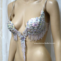 Iridescent White Scale Mermaid Plunge Dance Costume Festival Rave Bra Halloween - Thumbnail 2