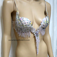 Iridescent White Scale Mermaid Plunge Dance Costume Festival Rave Bra Halloween - Thumbnail 3