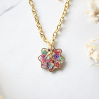 Real Dried Flowers and Resin Necklace, Tiny Gold Flower in Party Mix - Thumbnail 1