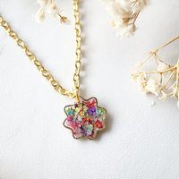 Real Dried Flowers and Resin Necklace, Tiny Gold Flower in Party Mix - Thumbnail 2