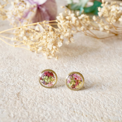 Real dried flowers and resin circle stud earrings in purple yellow pink red green mix