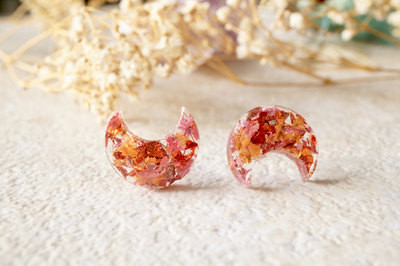 Real Dried Flowers and Resin Moon Stud Earrings in Orange and Red