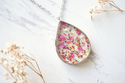 Real Dried Flowers and Resin Necklace Silver Teardrop in Pinks, Orange, Green, Pink Foil