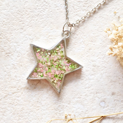 Real pressed flower and resin star necklace in pink green