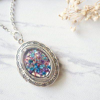 Real dried flowers in resin and silver locket necklace in pink, blue, purple