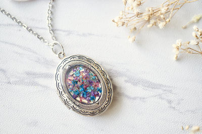 Real Dried Flowers in Resin and Silver Locket Necklace in Pink, Blue, Purple
