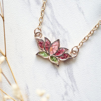 Real pressed flowers and resin necklace rose gold lotus flower in pink and green