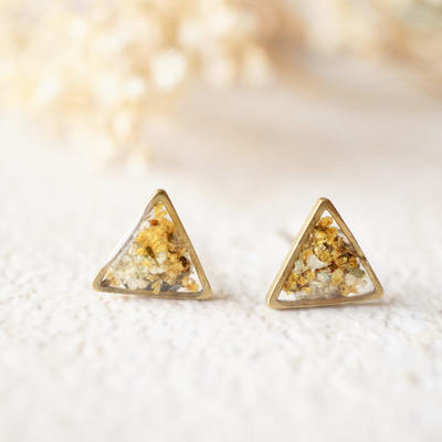 Real dried flowers and resin triangle stud earrings in yellow and white