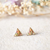 Real Dried Flowers and Resin Triangle Stud Earrings in Pink, Orange, Green - Thumbnail 1