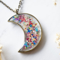 Real Dried Flowers and Resin Moon Necklace in Party Mix - Thumbnail 1