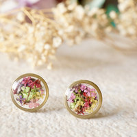 Real Dried Flowers and Resin Circle Stud Earrings in Purple Yellow Pink Red Green Mix - Thumbnail 2