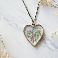 Real Dried Flowers in Resin Heart Necklace in Green Mint Pink Purple - Thumbnail 2